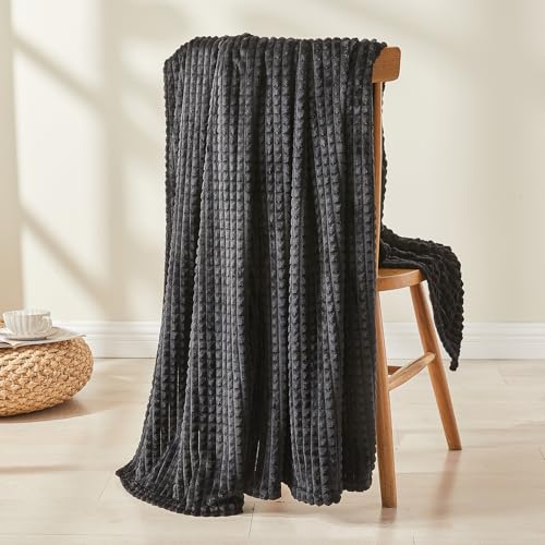EMME Fleece Blanket, 3D Jacquard Throw Blanket for Couch and Bed, Soft Cozy and Fluffy Blankets Lightweight Luxury Flannel with Geometric Grid Design (Black, 80" x 90") - color: 20-grid-black, size: Queen