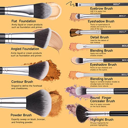 BEILI Makeup Brushes 12pcs Makeup Brushes Set with Holder Premium Synthetic Kabuki Foundation Brush Blending Blush Concealer Full Face Makeup Brushes Kit With Gift Box(Black) - color: 12pcs with Holder