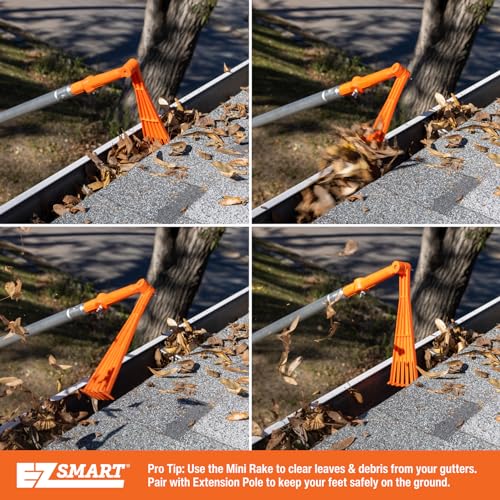 EZ Smart Mini Gutter Rake - 11.5 ft Pole - Clean Gutters Without a Ladder | Clears Stuck Leaves • Reaches Tough Spots • No Ladder Needed - size: Tool + 11.5 Foot Pole
