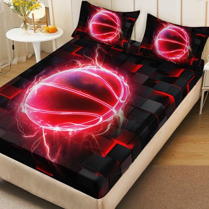 HOSIMA Kids Basketball Fitted Sheet Queen,1 Fitted Sheet+2 Pillowcases. - color: Black-e, size: Queen 61"*81"