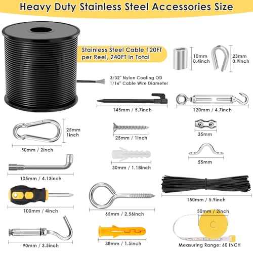 Flasoo 215Pcs String Light Hanging Kit, Outdoor Light Guide Wire Rope with 240FT Nylon Coated 304 Stainless Steel Cable, Turnbuckle, Hooks and Enough Accessories