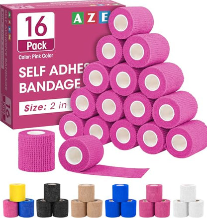 AZEN 16 Pack Self Adhesive Bandage Wrap Pink, 2" X 5 Yards Elastic Cohesive Bandage Wrap, Athletic Tape, Vet Wrap, Ankle Tape, Tattoo Grip Tape Wrap (Pink) - color: Pink, size: 2IN - 16Pack