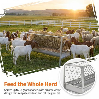 59" X 24" X 33.4" Goat Sheep Feeder, 95 Gallon Goat Hay Feeder, Livestock Hay Feeder with Grain Water Pan, Stainless Steel Frame Safe Rounded Edges, Livestock Feed Trough for Goats, Horses and Cattle