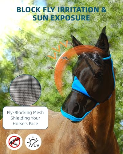 Hilltown Horse Fly Mask with Ears and Nose Cover - Full, Blue - color: Sky Blue, size: FULL