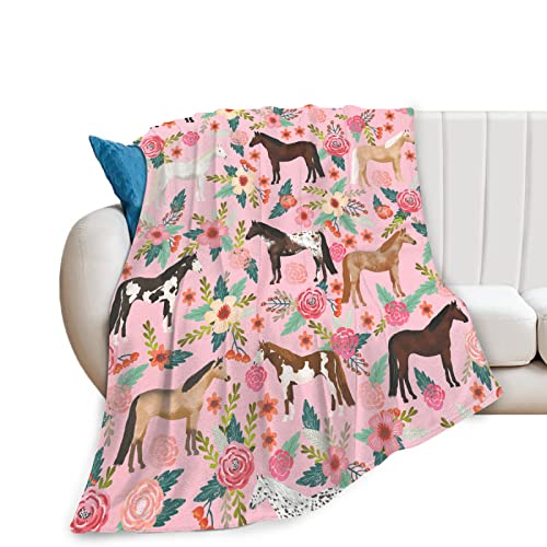 exroozy Horse Blanket Gifts for Girls Women Western Throw Blankets 80"x60" | Pink Flowers Fleece Flannel Soft Lightweight Plush Stuff Throws for Kids Adults Bed Sofa Decor - color: Pink Horse With Flower, size: 80"x60" for Adult