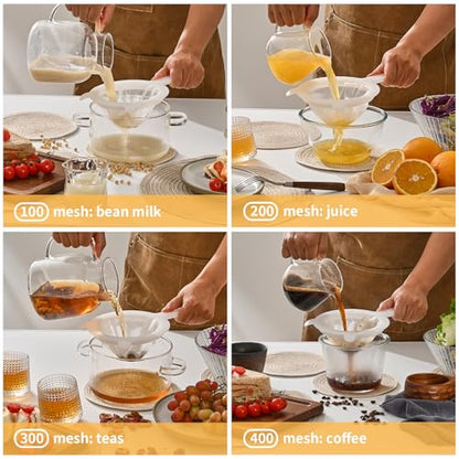 Premium Multi-Mesh Strainer Set, 4 Pack - 100/200/300/400 Mesh, Nylon & Plastic Fine Mesh Sieve for Tea, Coffe, Nut Milk, Juice, Broth, Smoothies, Reusable & Easy to Clean, Durable,Dishwarer Safe
