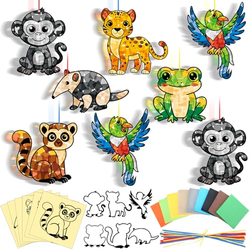 AmazingSpark 30 Pcs Rainforest Suncatcher Craft Kit, VBS Animal DIY | 6 Jungle Animals Tissue Paper, Stained Glass Effect for Summer Church Activities, Bulk Kids Classroom Art Projects - style: Rainforest Animals