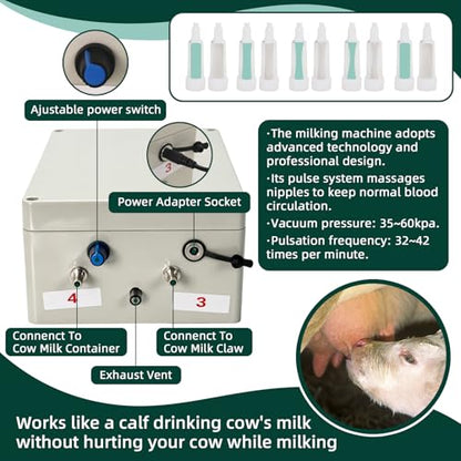 2in1 Cow & Goat Milking Machine 7L Rechargeable Portable Pulsation Milker | Upgrade 7L Food-Grade 304 Stainless Steel Bucket,Vacuum Pump Continuously Adjustable Pulsation Milker with 4 Teat Cups