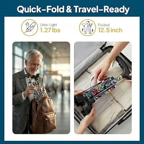 Walking Cane with LED Light, Foldable,Adjustable, Self Standing Walking Canes for Men & Women,Walking Sticks with Quad Base for Seniors & Adults - color: Red flowers
