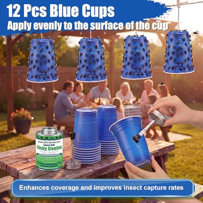 Sticky Coating Insect Trap, 8 Oz with Brush,Deer Fly Trap Kit | 12 Blue Plastic Cups, DIY Adhesive for Deer Flies Thrips Aphids, Reusable Barrier for Gardens Greenhouses Orchards - color: Blue Cup