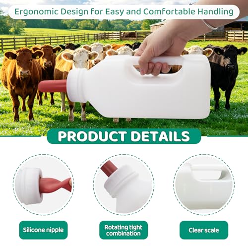 2 Pack Calf Bottle with Screw Nipple 2Quart Calf Milk Feeder Bottles& 4 Replacement Rubber Nipples & Cap,Calf Feeding Device with Hand Grip Handle Kid Livestock Nursing Feeding Bottles
