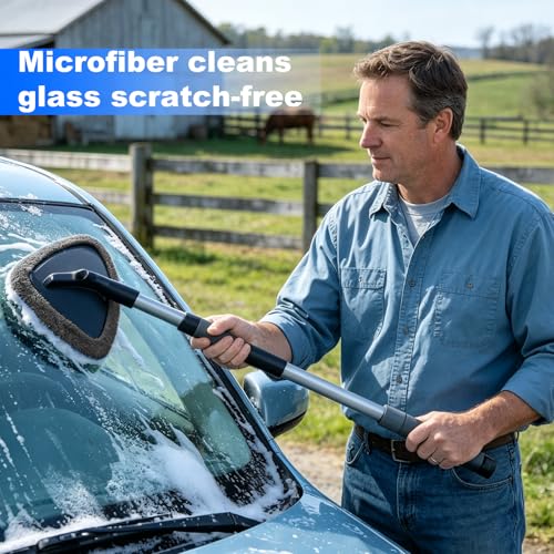 Windshield Cleaning Tool, Auto Window Cleaning Kit with 4 Reusable Microfiber Pads & Extendable Handle, Portable Windshield Cleaner Rotating Head Glass Wiper for Most Cars (Gray) - color: Gray