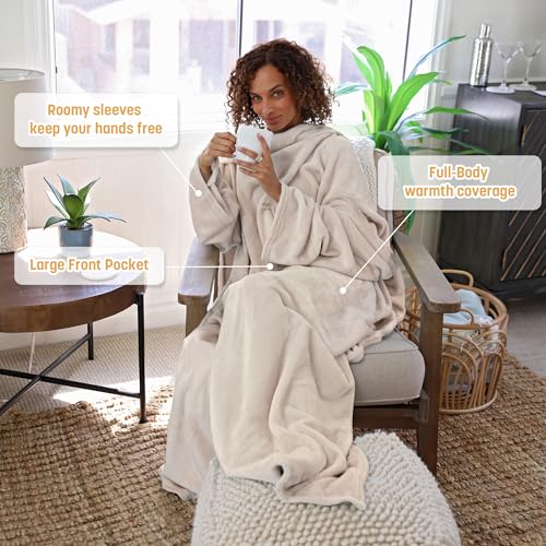 Catalonia Wearable Blanket with Sleeves for Women & Men, Fleece Wrap Throw - color: Latte