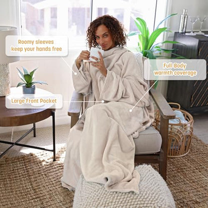 Catalonia Wearable Blanket with Sleeves for Women & Men, Fleece Wrap Throw - color: Latte
