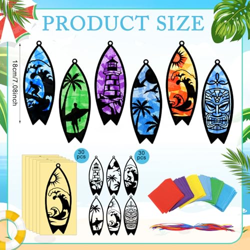 AmazingSpark 30 Pcs Surfboard Suncatcher Craft Kit, Summer Beach DIY Art | Stained Glass Effect Tissue Paper, 6 Ocean Designs, Includes Frames and Colorful Papers, Bulk for Party Activities - style: Beach Surfboard