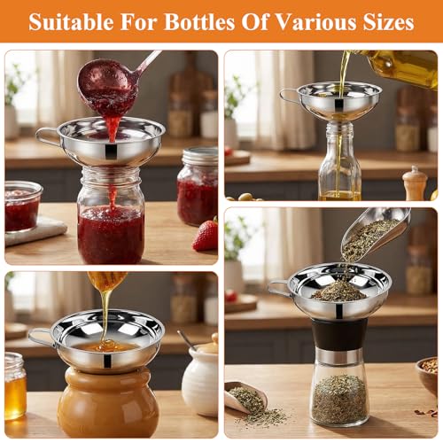 Supkiir 4 Pcs Stainless Steel Funnels with Fine Mesh Strainer, 1.4 Inch/2.1 Inch Stainless Steel Funnel for Kitchen Use, Wide & Narrow Mouth Canning Funnels Set for Spices Juices Powders Coffee Beans