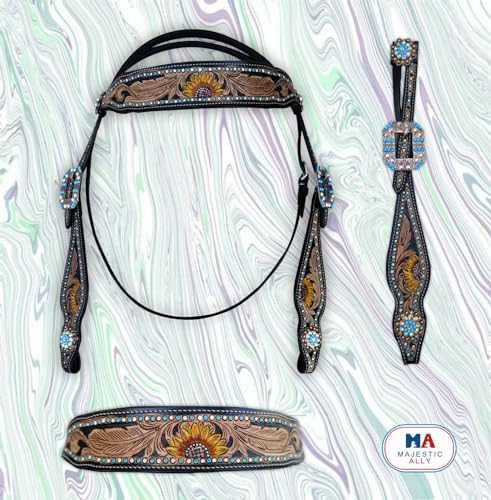 Majestic Ally Hand-Tooled Designer Padded Leather Horse Browband Headstall Breastcollar Set, Browband Headstall, Breastcollar (Headstall)