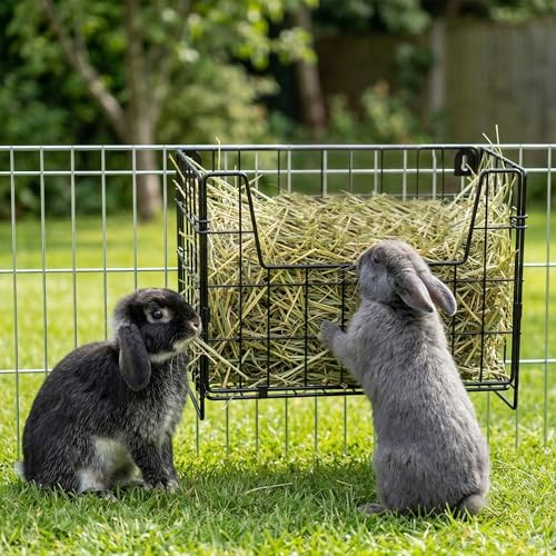 Foldable Rabbit Hay Feeder Metal Wire Guinea Pig Hay Rack Holder for Cage Chew Proof Bunny Hay Dispenser Manager for Chinchillas & Small Pets - Wall Mounted, Hanging or Freestanding (Black)