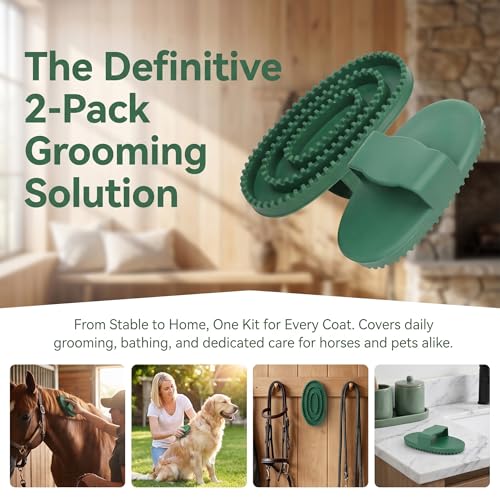 Horse Brush Set, 2 Pack Large Rubber Curry Comb, Horse Grooming Brush & Deshedding Tool for Short Haired Dogs, Flexible Pet Bathing Massage Comb Rubber for Loose Hair & Mud Removal, Green, 5.7"x3.7"