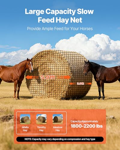 VEVOR Round Bale Hay Net, 5.91 x 5.91 x 5.91 ft, 1.5 inch Holes, PE Material, Knotless Design, with Zip Ties, Needle Shuttle, Repair Twine and Storage Bag, Slow Feeder Round Bale Net for Horses - size: 5.91 x 5.91 x 5.91 ft