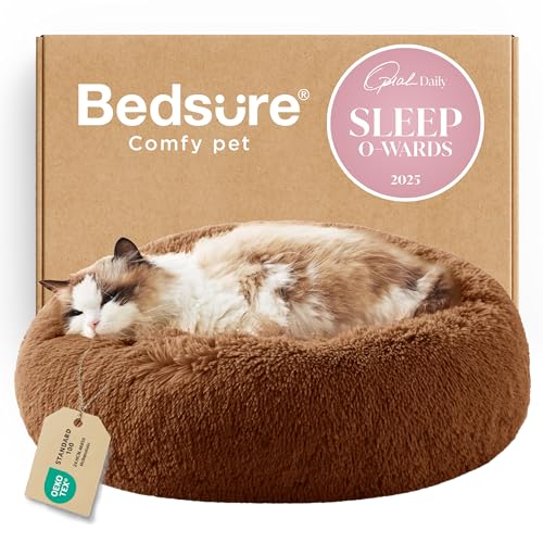 Bedsure Calming Cat Beds Donut Round Washable Kitten Bed,20 inches Copper | Fluffy Faux Fur Cuddler,Machine Washable,Anti-Slip Bottom,Anti-Anxiety,Deep Sleeping for Cats&Small Pets Up to 15 Lbs - color: Copper, size: 20"L x 20"W x 6"Th