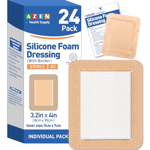 AZEN 24 Pack Silicone Foam Dressing, 3.2" X 4" Waterproof Silicone Bandages with Border Adhesive, Large Bandages for Wounds, Self Adhesive Wound Care and Dressings - color: 24p