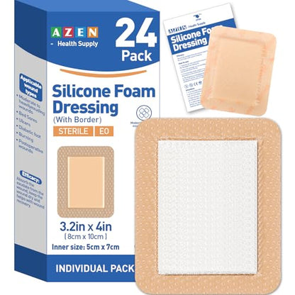AZEN 24 Pack Silicone Foam Dressing, 3.2" X 4" Waterproof Silicone Bandages with Border Adhesive, Large Bandages for Wounds, Self Adhesive Wound Care and Dressings - color: 24p