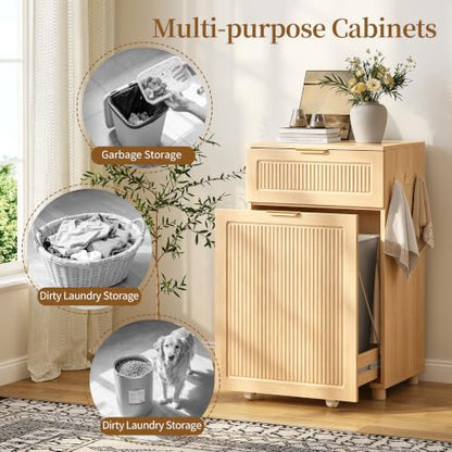 Freestanding Pull Out Trash Can Cabinet with Drawer & Side Hooks,Pet Proof Hidden Waste Bin Storage Cabinet Fits 7 10 13 Gallon Trash Cans for Kitchen Laundry Room Bathroom (Trash Can Cabinet - Oak) - color: Trash Can Cabinet - Oak
