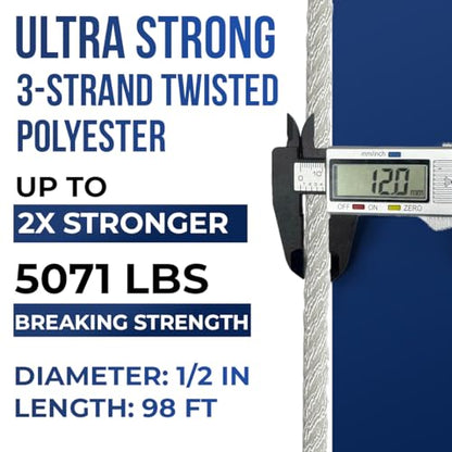 5071lbs Heavy Duty PP/Polyester/Nylon Rope, White, 1/2inX98FT | Weather-Resistant & Waterproof Rope for Pool, Camping, Construction & Rigging Applications - color: White, size: 1/2in X 98FT