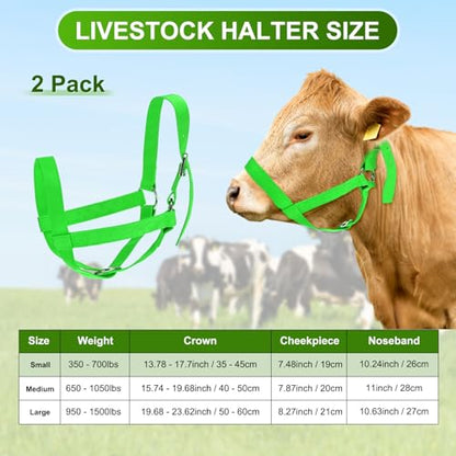 M METERXITY 2-Pack Adjustable Cattle Cow Calf Halter, 13.78"-17.7" Nylon Livestock Cow Halter for Miniature Horse/Donkey/Goat/Cattle [Green]