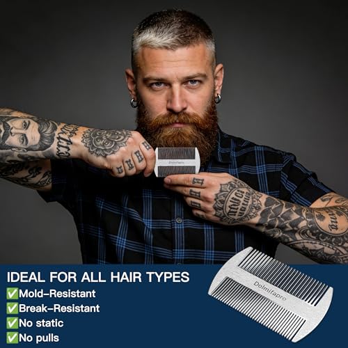304 Stainless Steel Pocket Beard Comb for Men, Anti-Static Dual Fine Coarse Teeth Ultra-Thin Mustache Hair Grooming Comb with PU Leather Case (silvery) - color: silvery