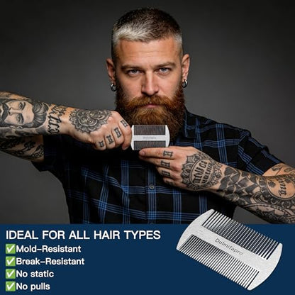 304 Stainless Steel Pocket Beard Comb for Men, Anti-Static Dual Fine Coarse Teeth Ultra-Thin Mustache Hair Grooming Comb with PU Leather Case (silvery) - color: silvery