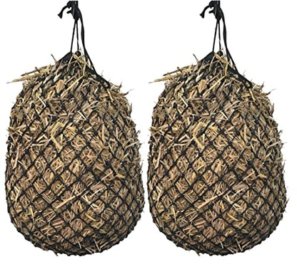 Majestic Ally 2 Pcs 1.25”x1.25” Holes Ultra Slow Feed 40” Very Sturdy Hay Net with Bottom Ring for Goat, Sheep and Livestock Simulatr grazing, Reduces Waste (Black) - color: Black