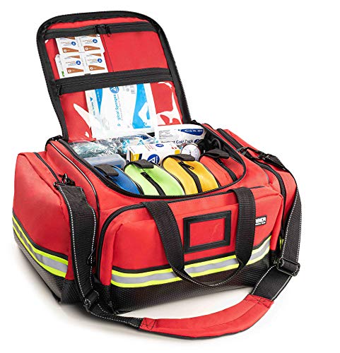 Scherber Fully-Stocked First Responder Professional Advanced EMT/EMS Trauma Kit | HSA/FSA Approved | Reflective Bag w/10+ Compartments, Zippered Pockets & 250+ First Aid Supplies (Red) - color: Red