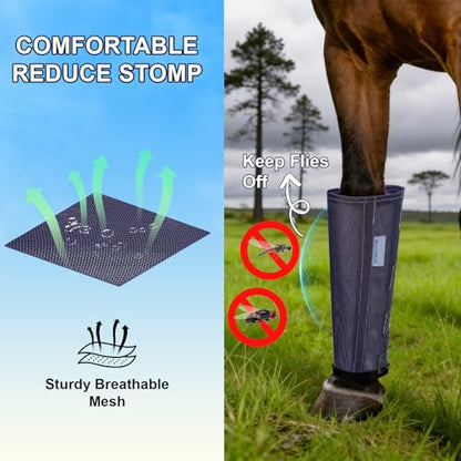 Fly Boots for Horses Set of 4, Loose Fitting Mesh Horse Fly Boots Leggings, Reduce-Stomping Adjustable Equine Leg Wraps & Socks, Stay Up Not Sag, No Rub (Black Blue) - color: Black Blue