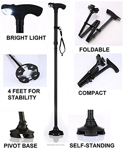 Shorter Cane, Wrist Strap, Walking, Seen On TV, 4 Rubber Feet, LED Light | Adjustable from 27-32 inches, Self Standing, Hurry Before They are Gone, Great, Foldable, Color is Black