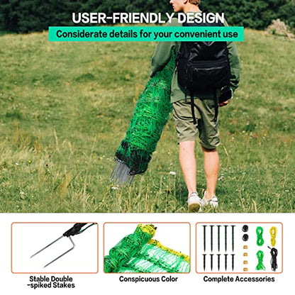 Electric Fence Netting, 49.6" H x 164' L, PE Net Fencing Kit with 14 Posts Double Spiked, Utility Portable Mesh for Sheep Hogs Goats Deer Dogs Lambs Used in Backyards Patio Farms Ranches, Green