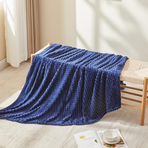 EMME Fleece Blanket, 3D Jacquard Throw Blanket for Couch and Bed, Soft Cozy and Fluffy Blankets Lightweight Luxury Flannel with Geometric Grid Design (Navy Blue, 60" x 80") - color: 17-grid-navy Blue, size: Twin