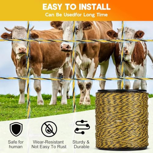 Electric Fence Polywire 3366 Feet, Upgraded 9 Stainless Steel Strands for Reliable Conductivity, Portable PVC-Coated Fiberglass Electric Fenceing 1026 Meters, UV, Rust Resistant for Livestock - color: 3366FT