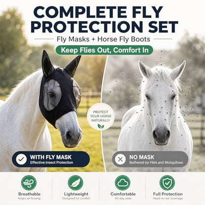 Hsei Mule Horse Fly Mask Set with Fly Boots with Ears Breathable Pony Equine Mask Horses Accessories for Pony Miniature Foal Draft Cob Arabian Donkey Farm Pet Small