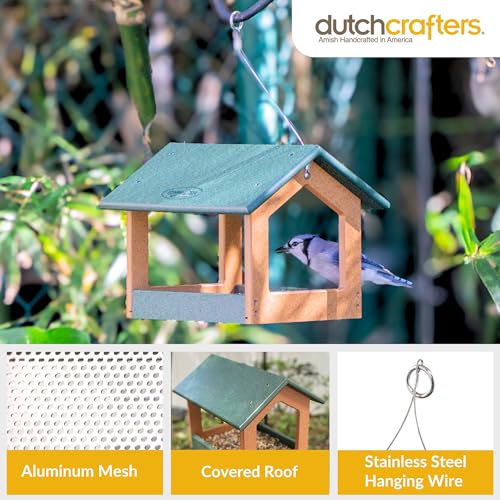 DutchCrafters Amish USA Made Recycled Plastic Large Hanging Modern Fly Through Covered Roof Open Platform Tray Bird Feeder for Outdoors, Garden, Yard (Black & Red) - color: Black & Red