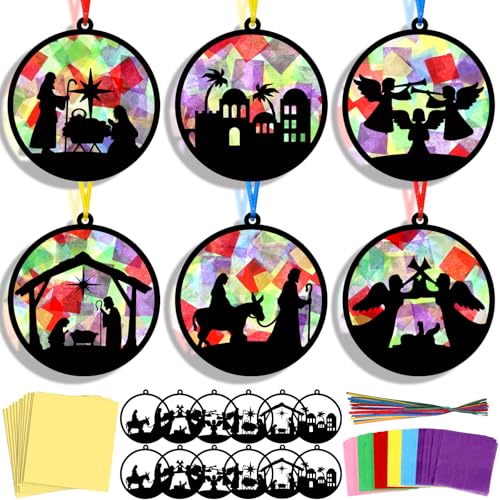 AmazingSpark 30 Pcs Nativity Ornaments Craft Kits, Suncatchers DIY Xmas | Birth of Jesus Stained Glass Tissue Art, Christian Religious Education, Church Classroom Party Activities Bulk Set - style: Christmas Nativity