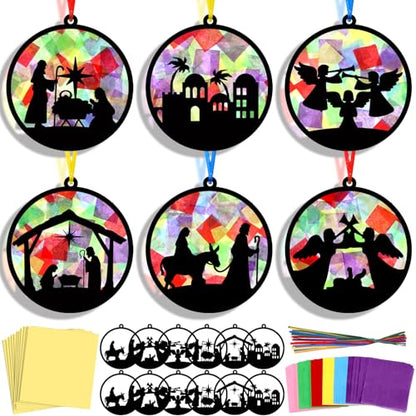 AmazingSpark 30 Pcs Nativity Ornaments Craft Kits, Suncatchers DIY Xmas | Birth of Jesus Stained Glass Tissue Art, Christian Religious Education, Church Classroom Party Activities Bulk Set - style: Christmas Nativity