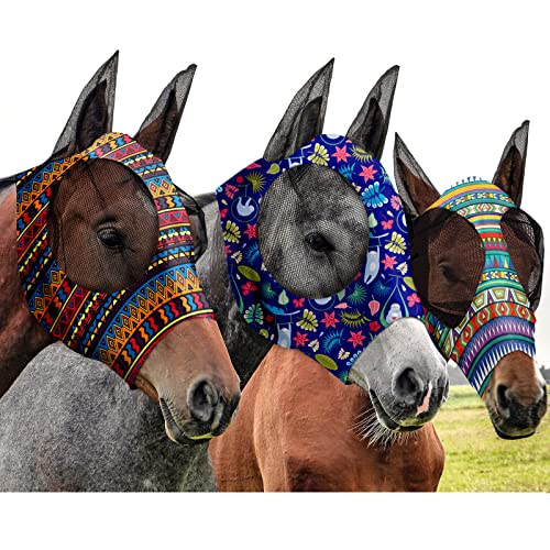 Frienda 3 Pieces Horse Fly Mask with Ears Adjustable UV Protection Breathability Horses Fly Masks Elasticity Smooth Comfortable Equine Face Covering(M) - size: M