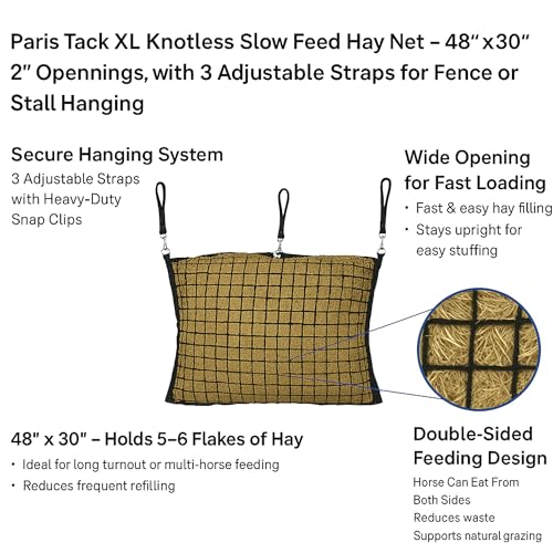 XL Knotless Slow Feed Hay Net – 48"x30", 2" Openings, Soft on Muzzles, with 3 Adjustable Straps for Fence or Stall Hanging