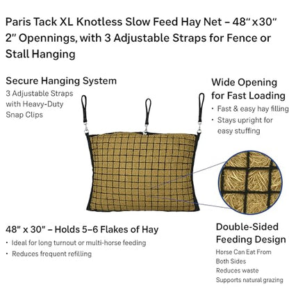 XL Knotless Slow Feed Hay Net – 48"x30", 2" Openings, Soft on Muzzles, with 3 Adjustable Straps for Fence or Stall Hanging