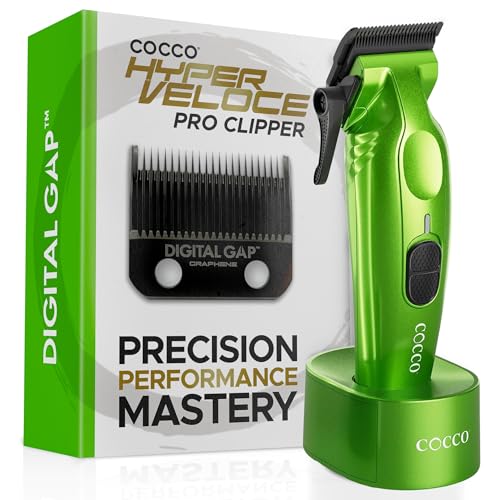 Cocco Hyper Veloce Pro High Performance Cordless Brushless Hair Clipper | Digital Gap Ambassador Graphene Taper Blade, for Professional Barbers, 7200 RPM BLDC Motor, All Metal, Charging Base - color: Green