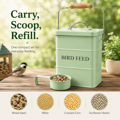 Morezi Airtight Bird Seed Storage Container 5~6LB Metal Bird Food Container | Wild Bird Seed Tin with Scoop and Handle, for Storing Sunflower Seed, Porch, Yard - Sturdy and Squirrel Proof -Green