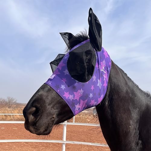 Stretchy Fly Mask for Horses, Mane Opening Design, Large Eye Space, Breathable & Soft on Skin (Purple Stars,Cob (Medium)) - color: Purple Stars, size: Cob (Medium)