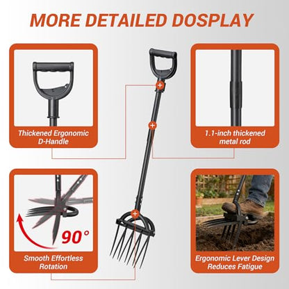 Broad Fork Garden Tool, Heavy Duty 5+4 Sharp Tines BroadFork Hand Tiller Garden Pitchfork with Ergonomic Handles for Spading Digging Fork Gardening Cultivating Composting and Loosening